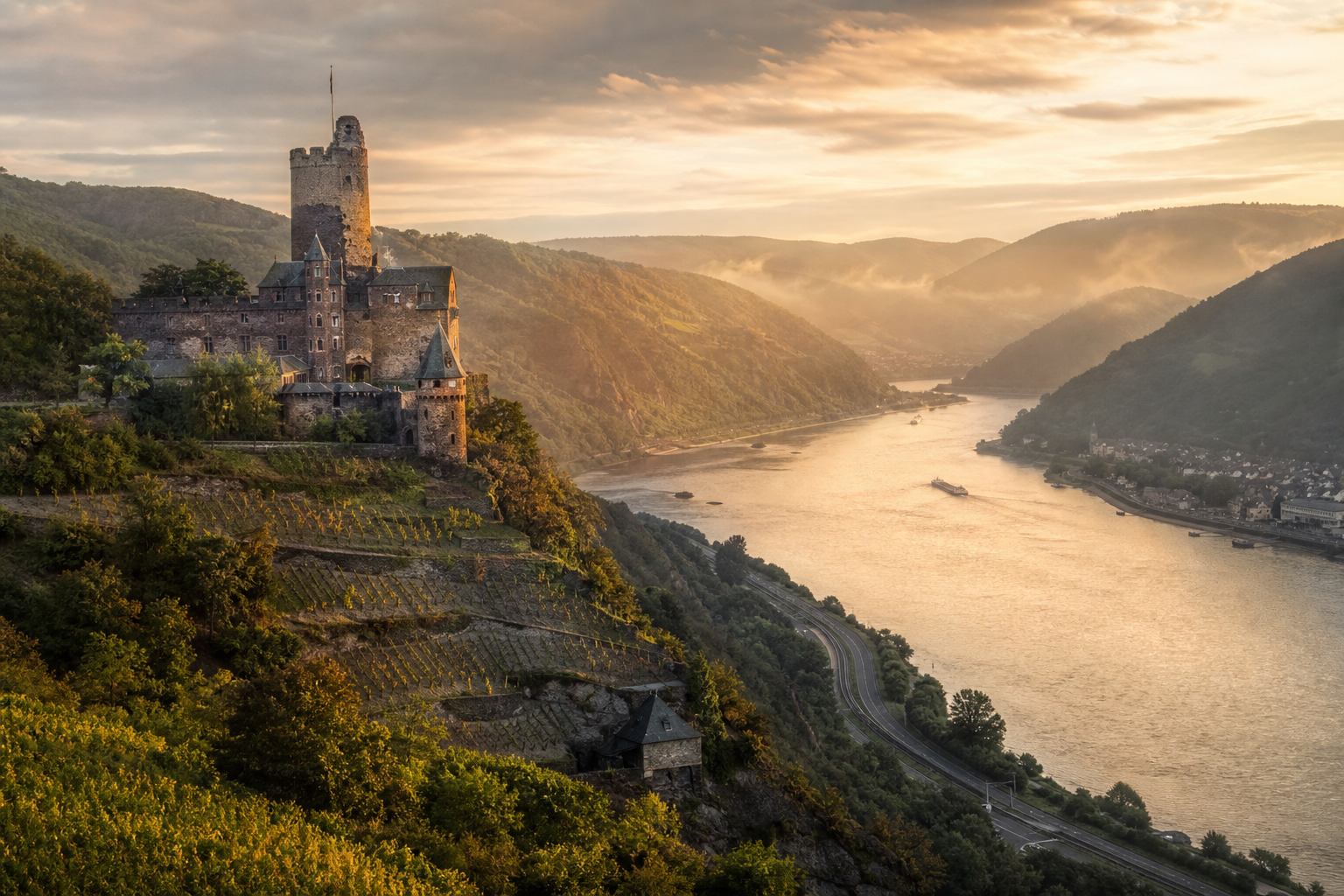Rheintal mit Burg, Weinbergen und Flussbiegung im Abendlicht