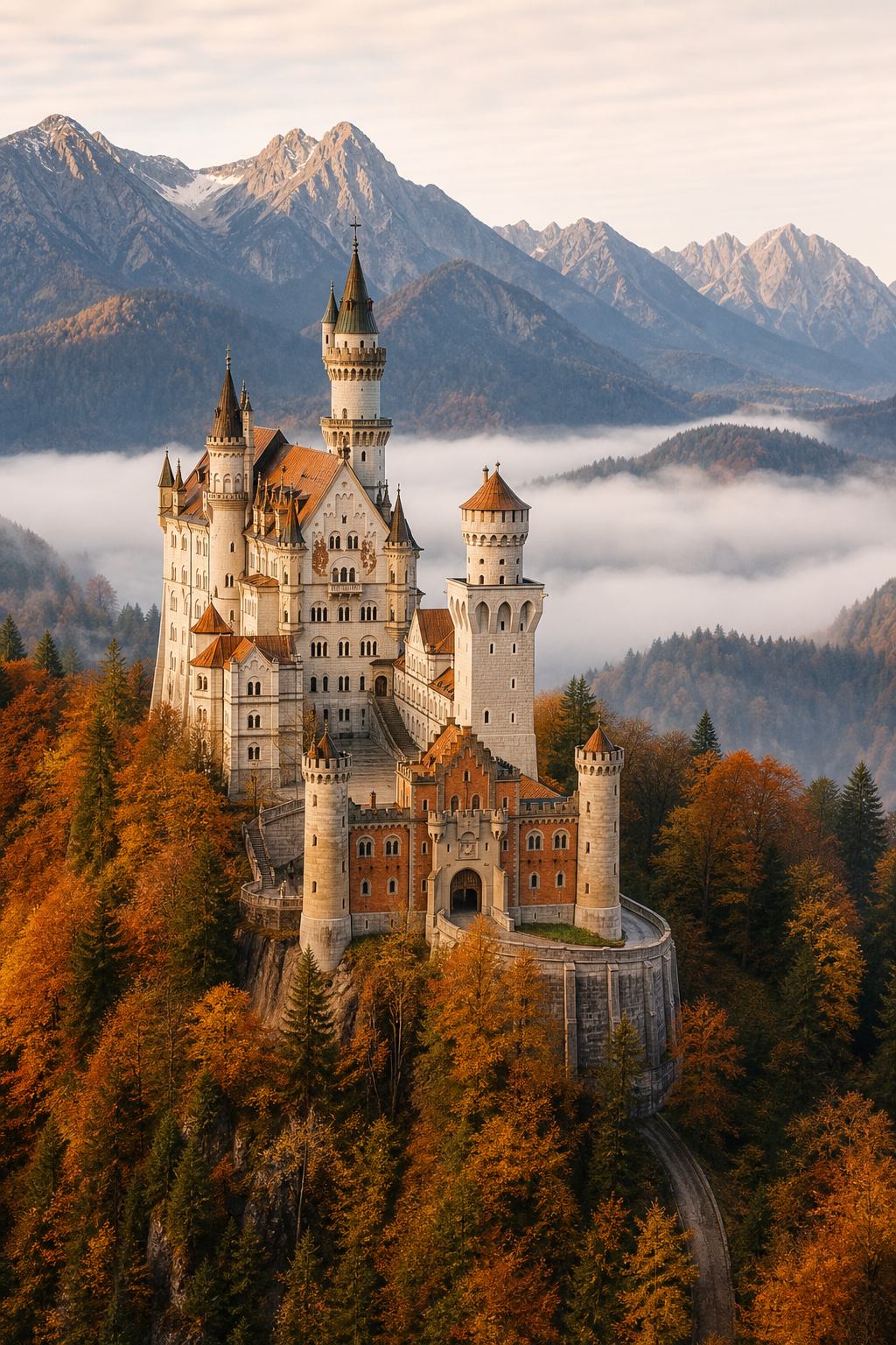 Schloss Neuschwanstein über Wald und Berghang